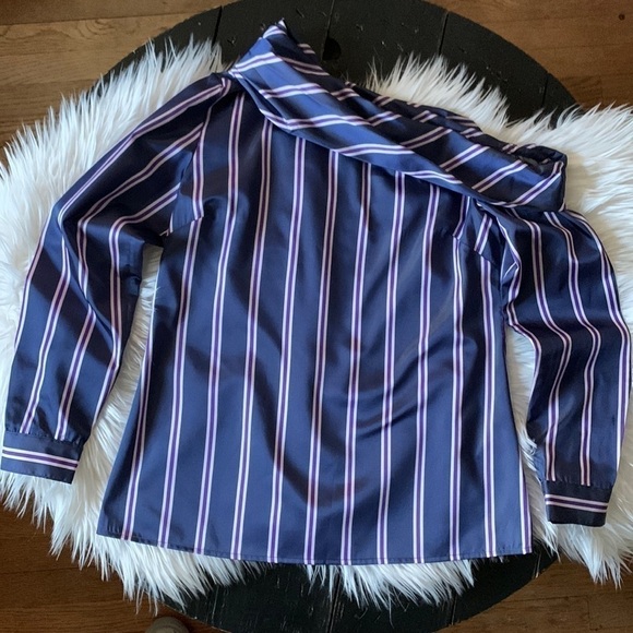 BANANA Republic Long-sleeve One Shoulder Striped Blouse - Purple/Navy Combo - Picture 2 of 13